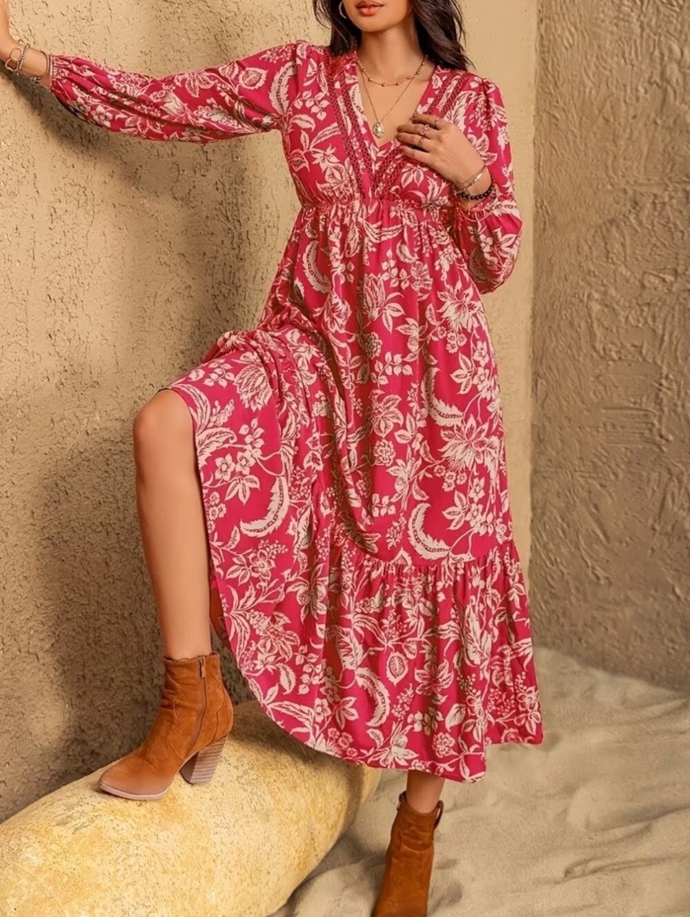 Floral V-Neck Long Sleeve Maxi Dress - Pink - Picture 7 of 11